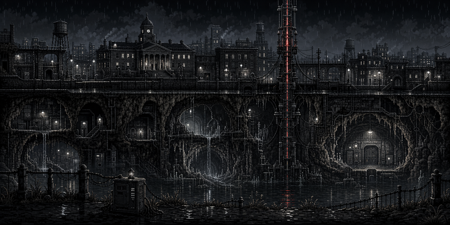 Pixel-art cutaway of Bellwether at night: civic buildings and water towers stand above flooded limestone caverns, joined by the red pulse of the Continuance mast.