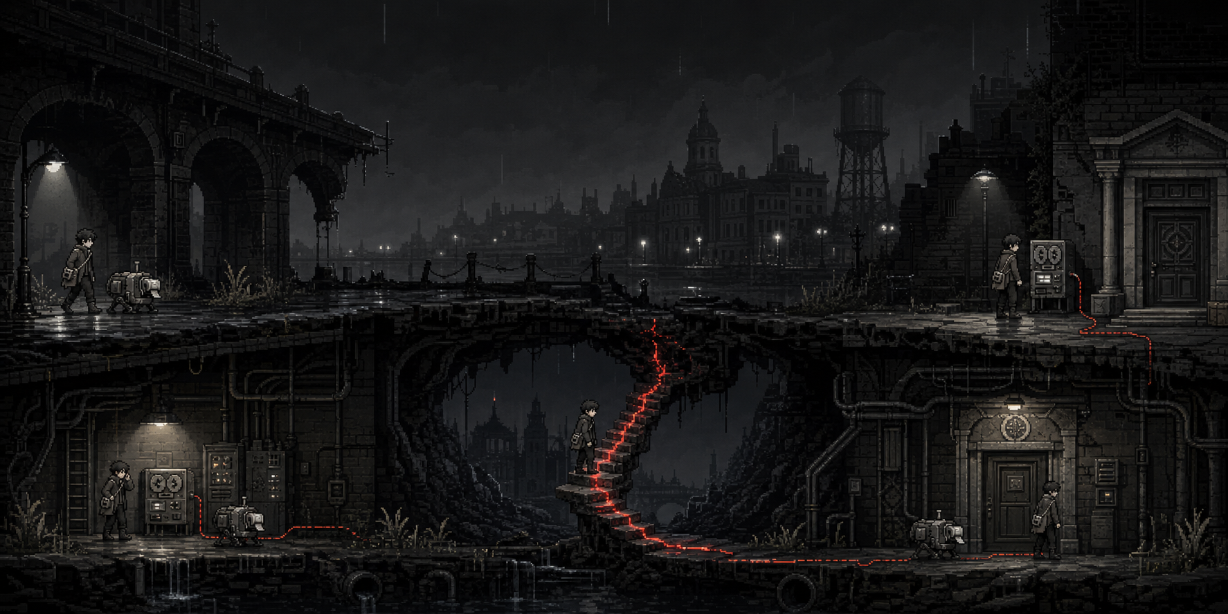 A continuous pixel-art encounter route through Bellwether: Hollis and Palinode enter a rain-dark viaduct, inspect a relay, cross an impossible red stair, and reach a civic archive door.