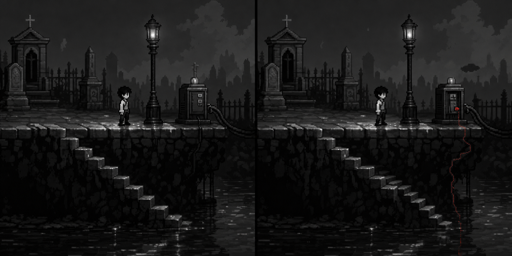 Two-state pixel-art website illustration: the same cemetery relay in Waking reality and in the Still, where an impossible stair and red aftertone trace appear.
