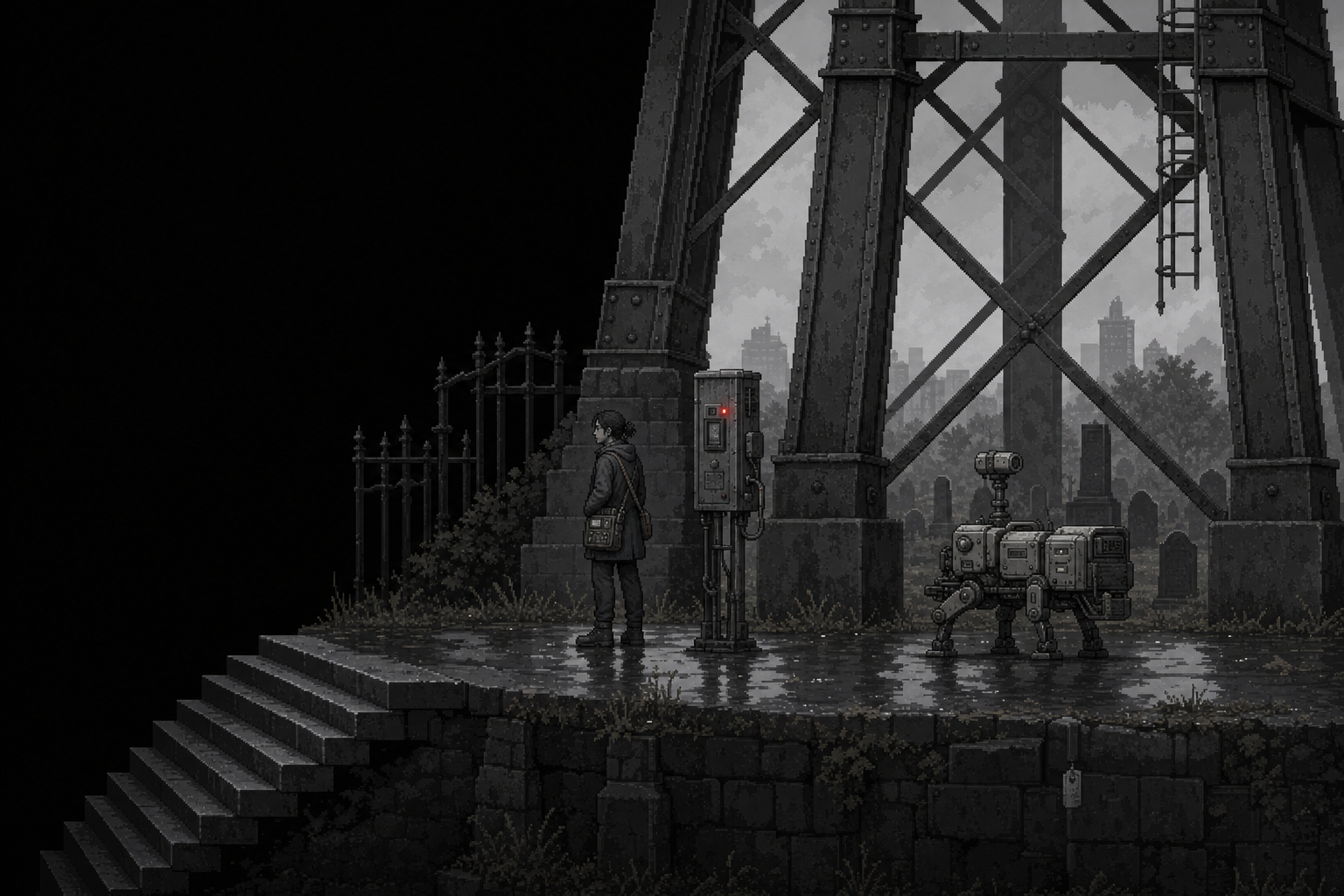 Pixel-art website illustration of Hollis Ward and Palinode beside a municipal relay beneath the immense legs of Water-Tower Cemetery.