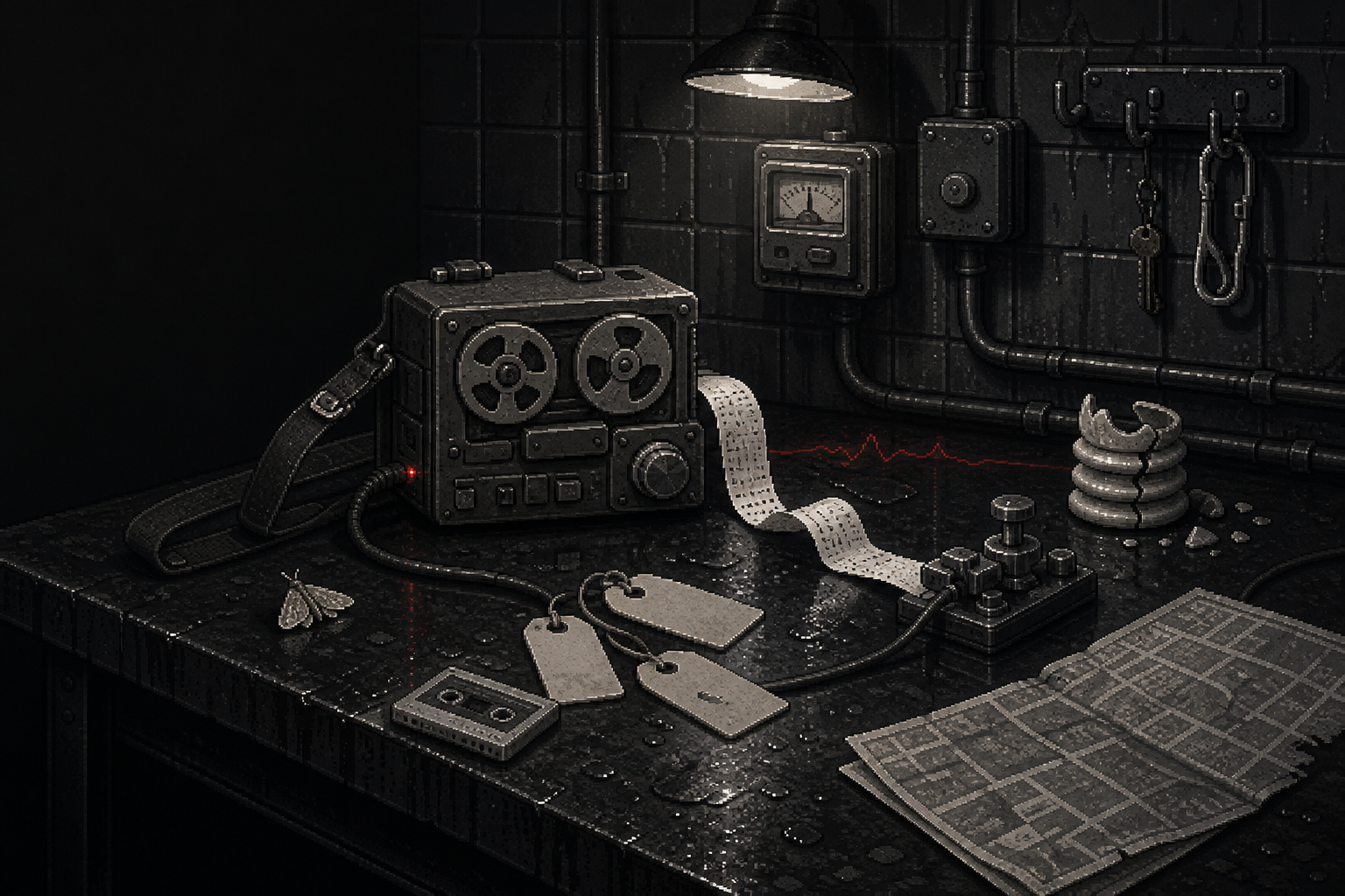 Pixel-art municipal witness table with Hollis's reel recorder, Palinode's paper tape, evidence tags, relay hardware, a city map, and a pale moth.