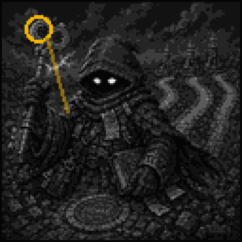 Infini Wizard app icon: a hooded grayscale wizard with pale eyes and a gold-ringed key staff.