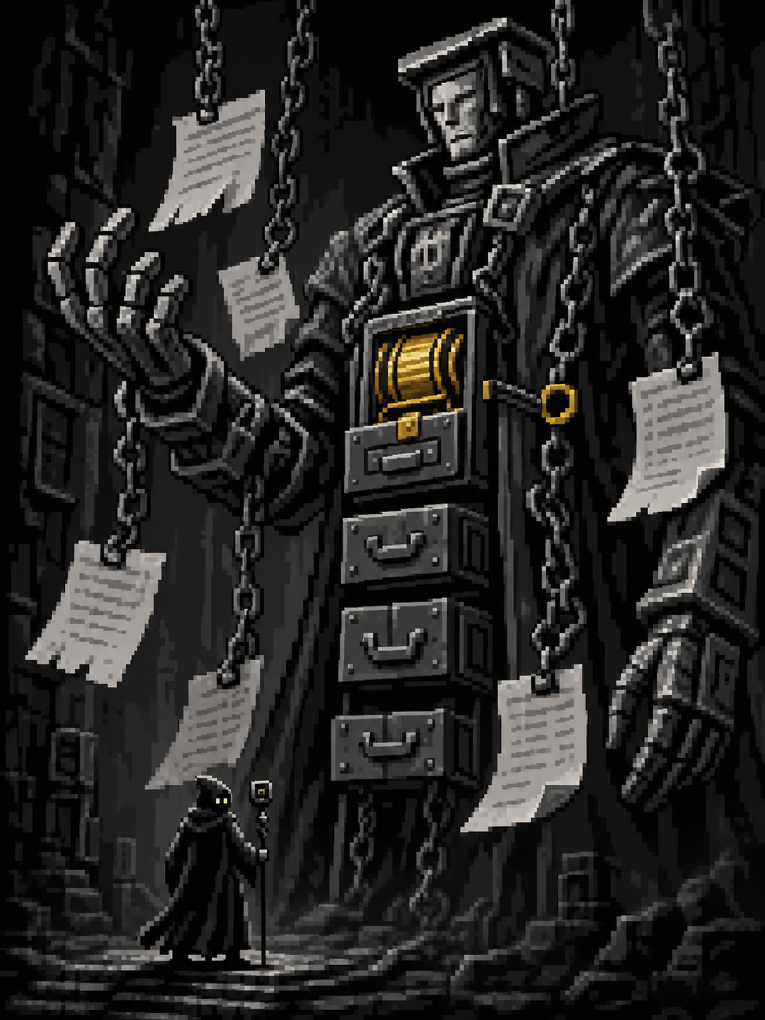 A towering grayscale pixel-art clerk operates ledger machinery above a small wizard, suspended papers, and chains.