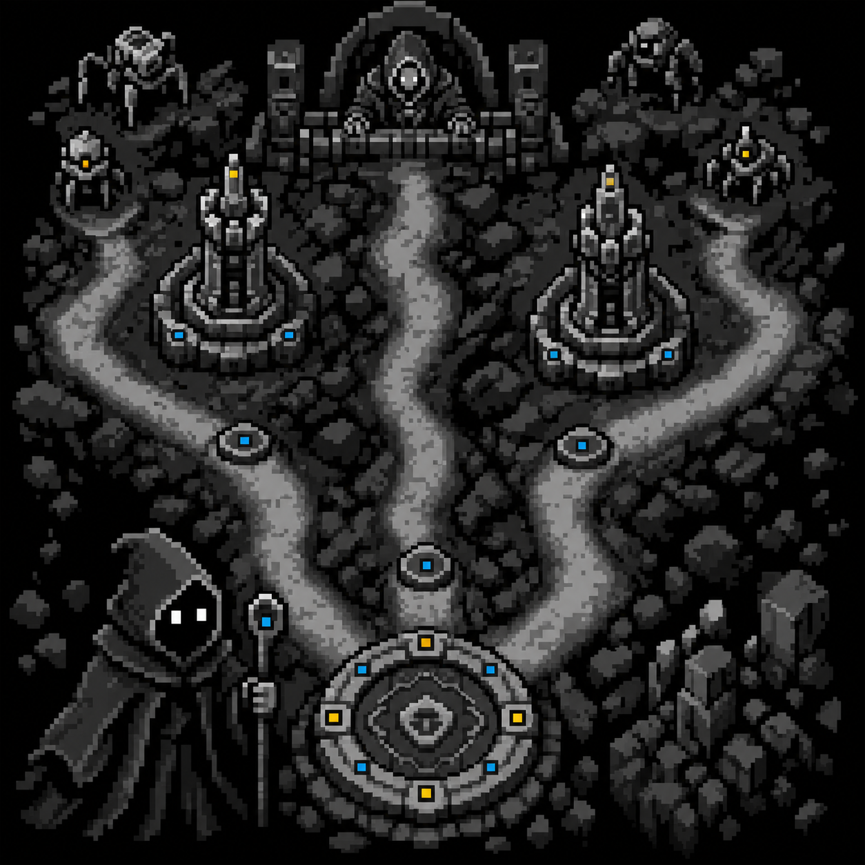 A grayscale pixel-art cave where three roads descend from armored threats toward a hooded wizard and circular home seal.