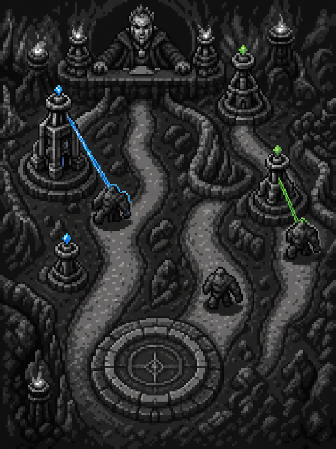 A grayscale three-road cave battlefield with large enemy silhouettes, towers, and the home seal at the lower edge.