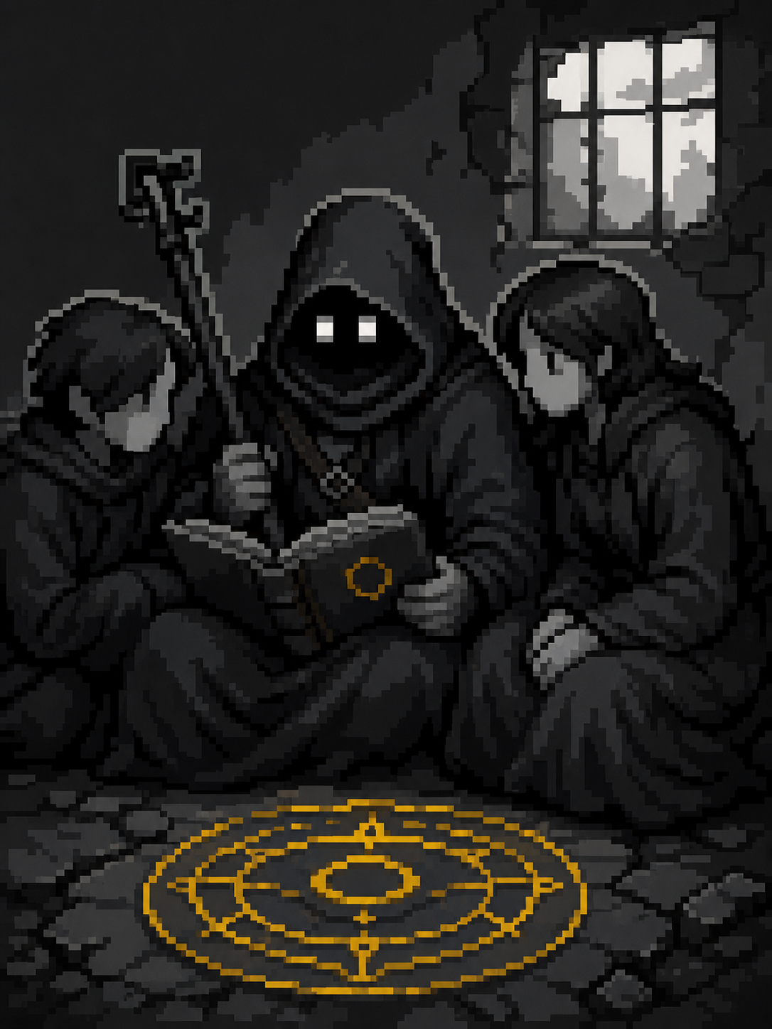 The hooded wizard sits with two figures around an illuminated circular manuscript seal in a worn room.