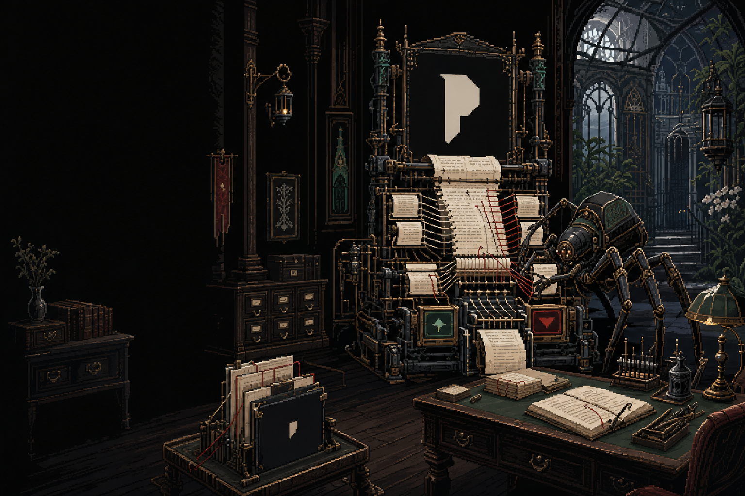 Pixel-art writing atelier with a manuscript loom, a mechanical spider archivist, file drawers, and an open conservatory.