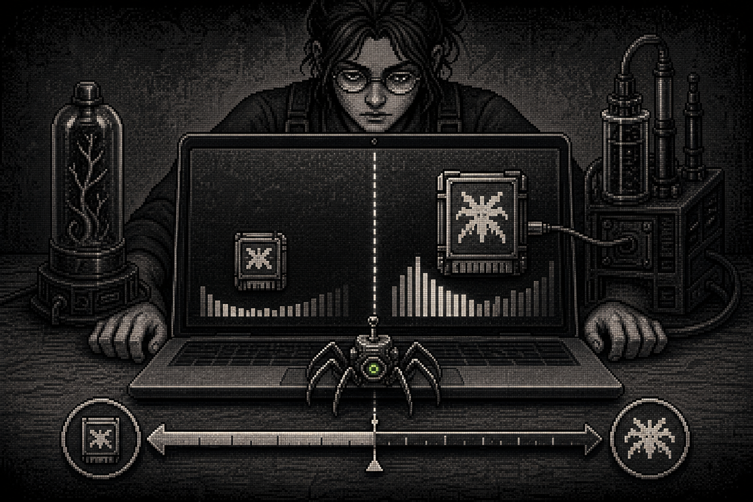 A monochrome pixel operator compares a small local model and a larger external cartridge across a laptop while a spider marks the midpoint gauge.