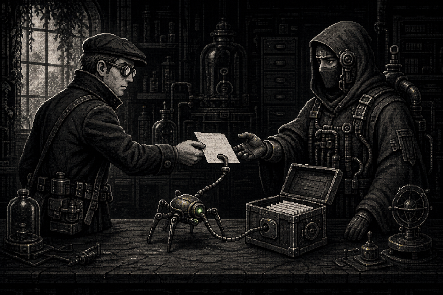 A monochrome pixel human and agent exchange a paper record across a workbench while a spider relay connects it to an open repository box.