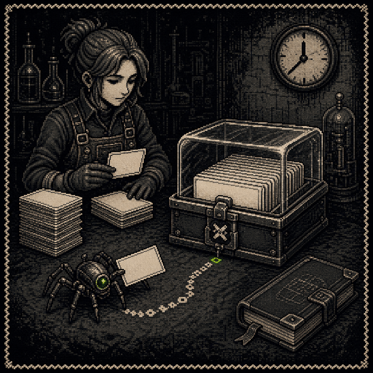 A monochrome pixel operator closes a tray of finite blank research cards while a small spider carries the final card toward the lid.
