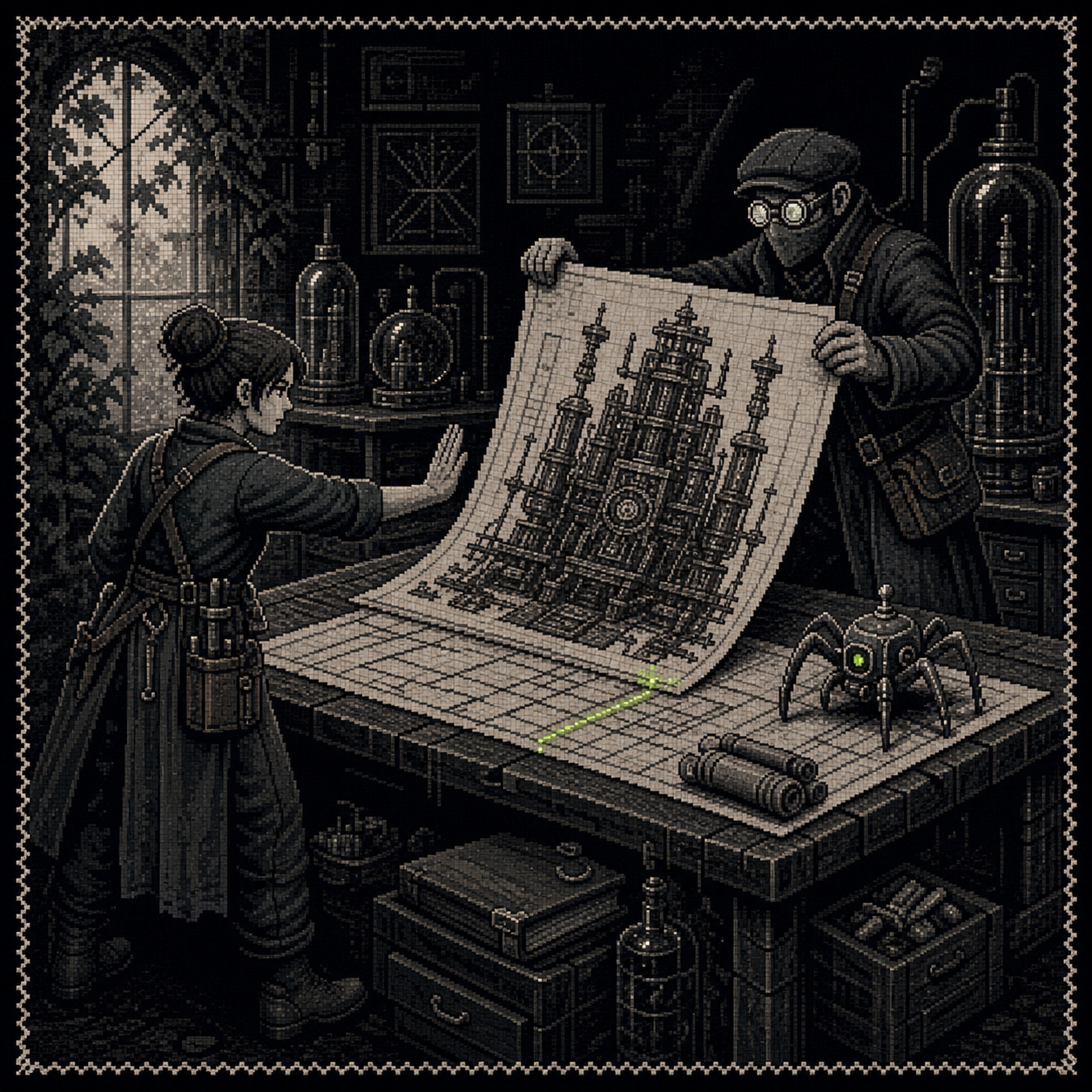 Two monochrome pixel technicians face an oversized machine blueprint while a spider relay marks the human operator's decision boundary.