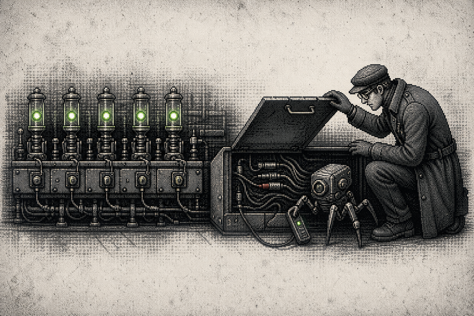 Green test lamps glow on one side while a monochrome pixel reviewer opens a hidden fixture and finds a broken connection with a spider inspector.