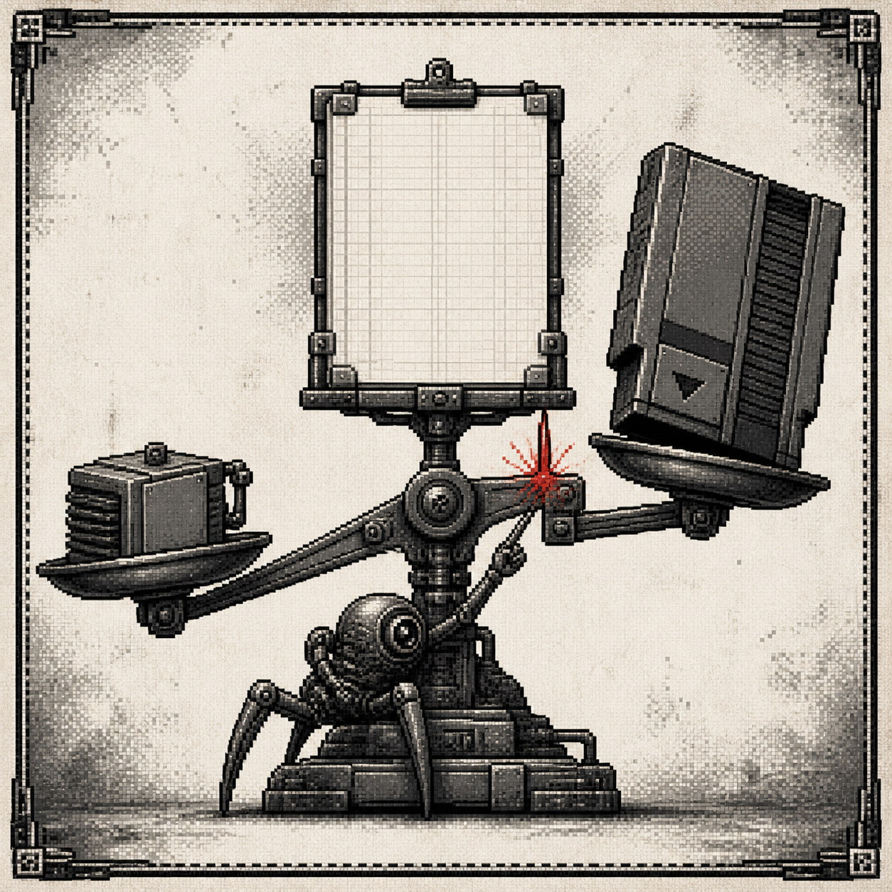 A monochrome pixel spider engineer steadies a balance scale as an oversized model cartridge hits a hard stop beside a blank ledger.