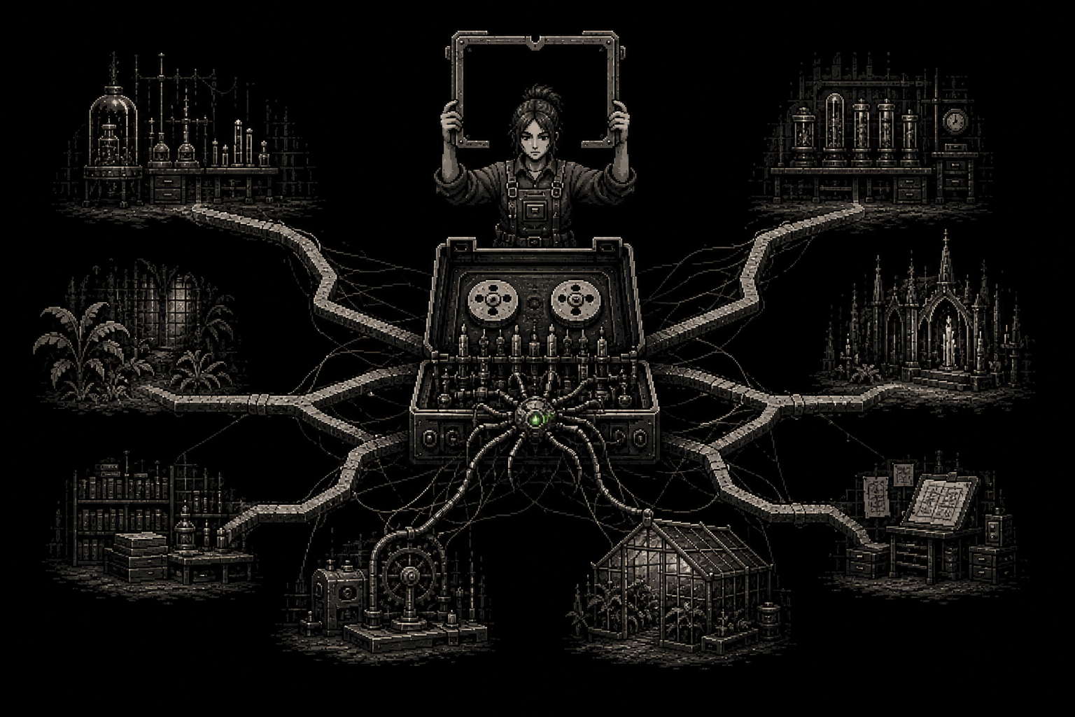 A monochrome pixel operator holds an empty frame above an open cassette machine while unlabeled routes branch outward through a spider relay.