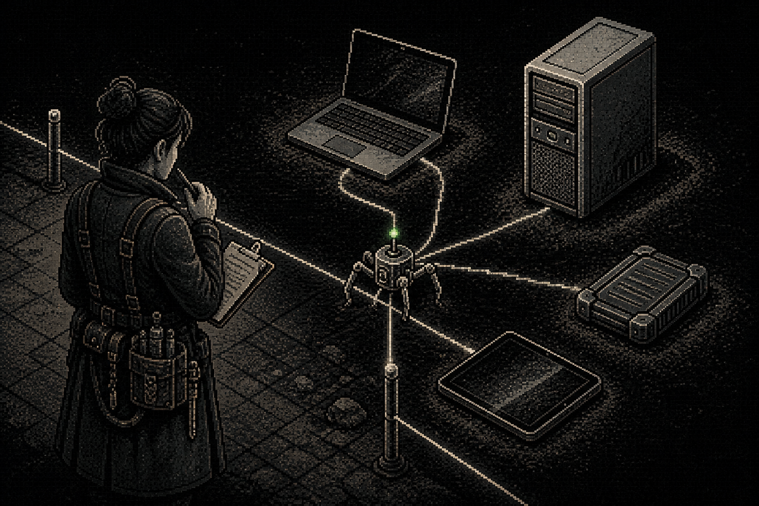 A monochrome pixel operator studies several classes of consumer computers and drives while a spider-shaped instrument measures the range.
