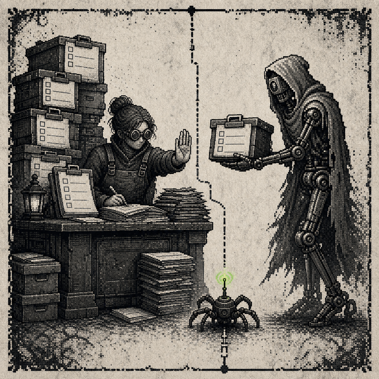 A monochrome pixel operator stops an agent from adding another review box while stacks of verification files surround the desk and a spider marks the boundary.