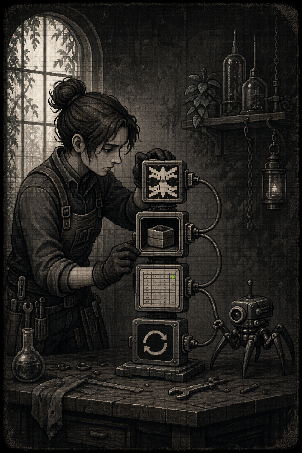 A monochrome pixel operator assembles a compact stack of code, storage, ledger, and recovery modules while a spider connects the layers.