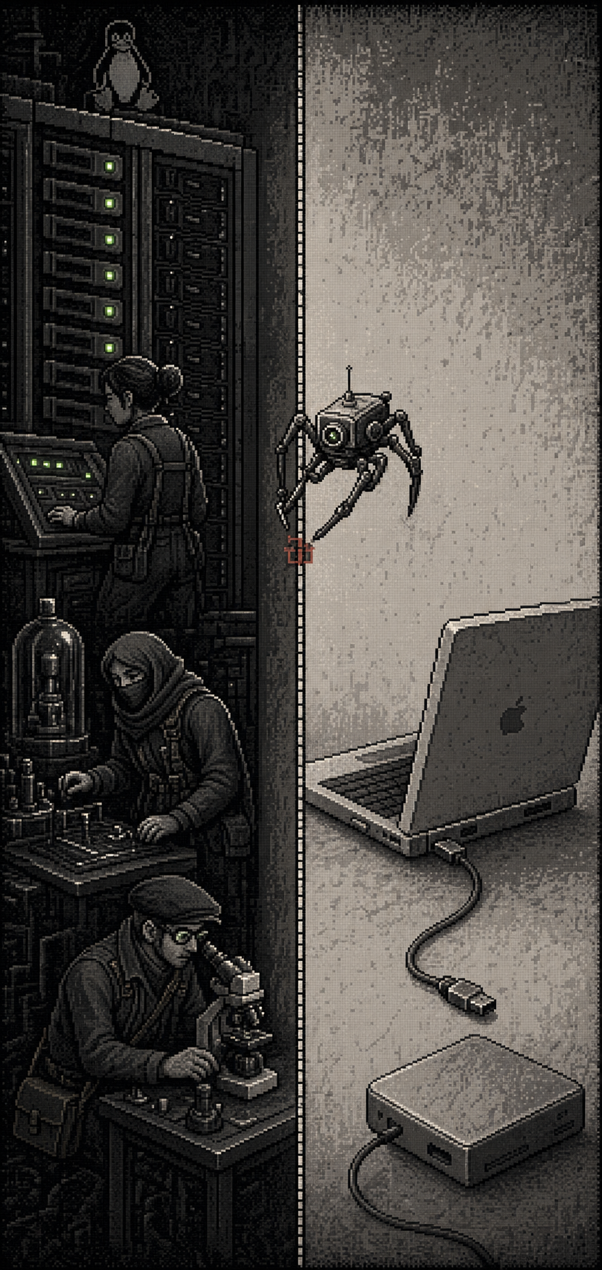 A split monochrome pixel scene shows green tests in a Linux cabinet and an unplugged laptop and drive on the other side of a boundary spider.