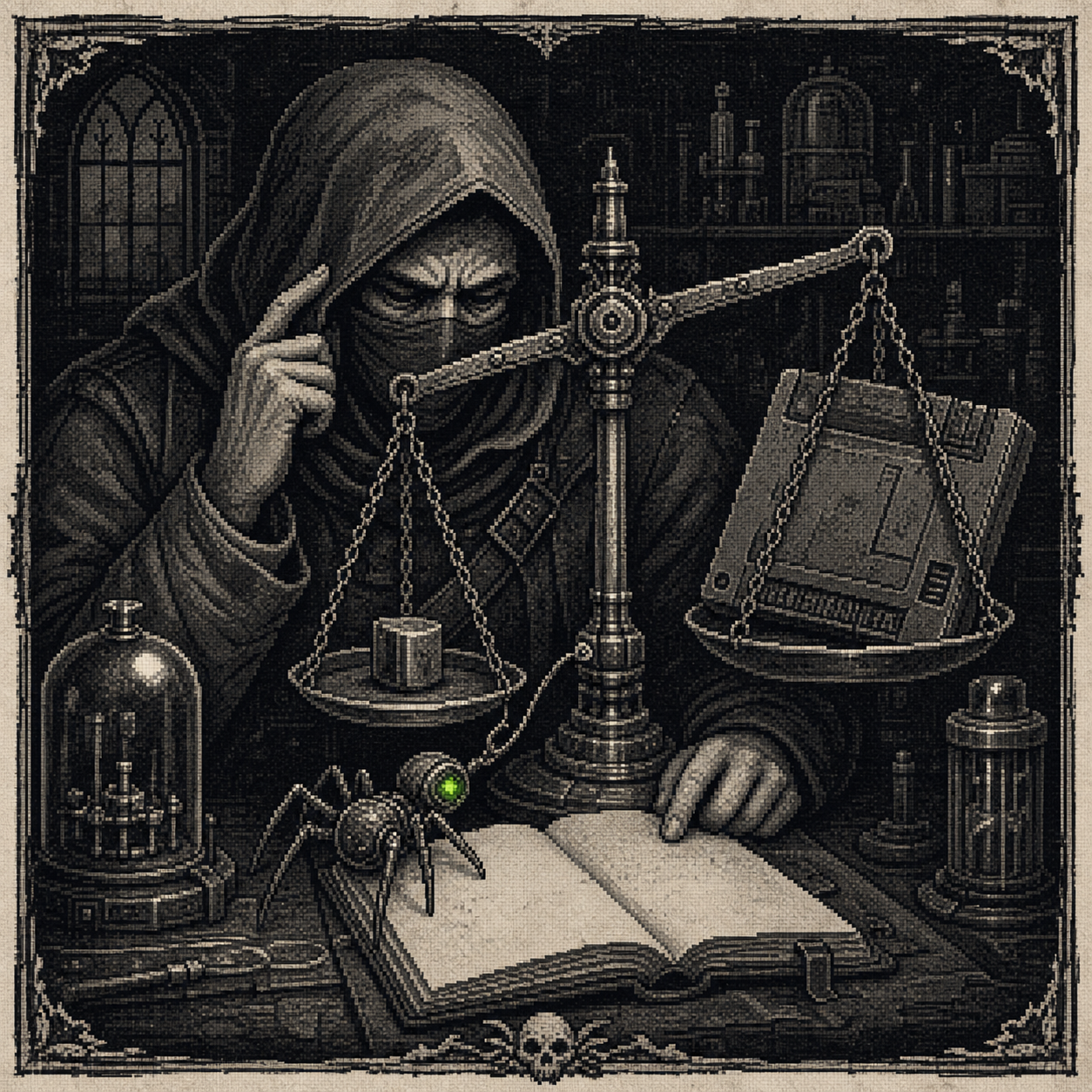 A hooded monochrome pixel reviewer studies a blank ledger beside a tipped balance scale while a spider touches the scale's pivot.
