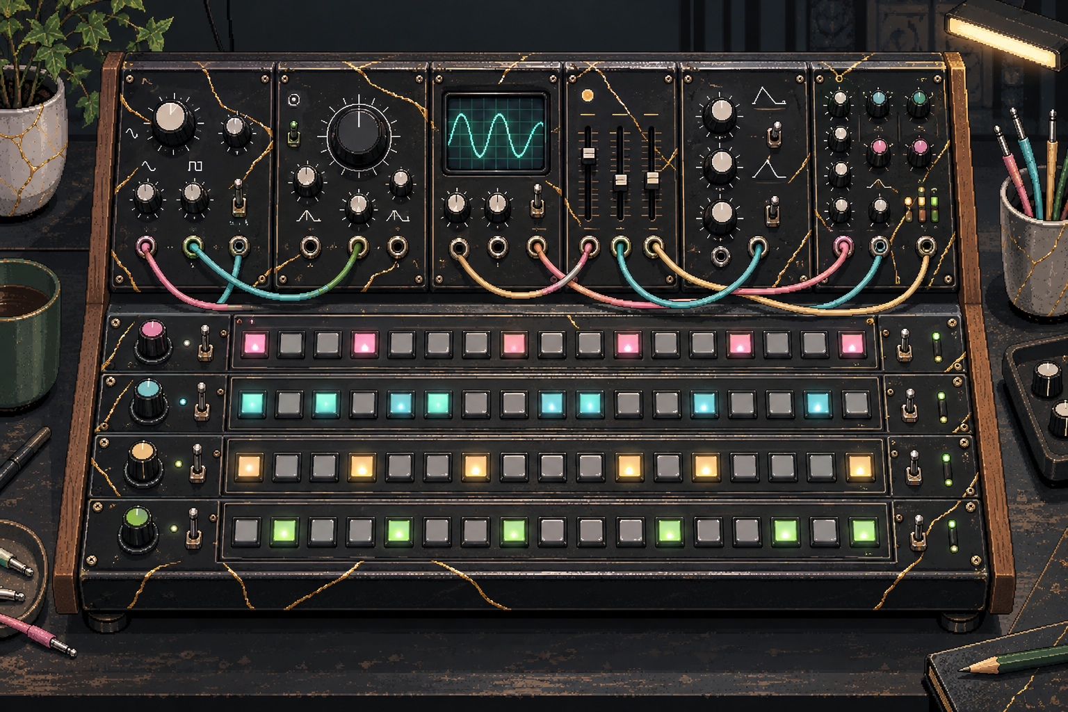 Pixel-art modular synthesizer with gold-repaired black panels, colored patch cables, and four sequencer rows.