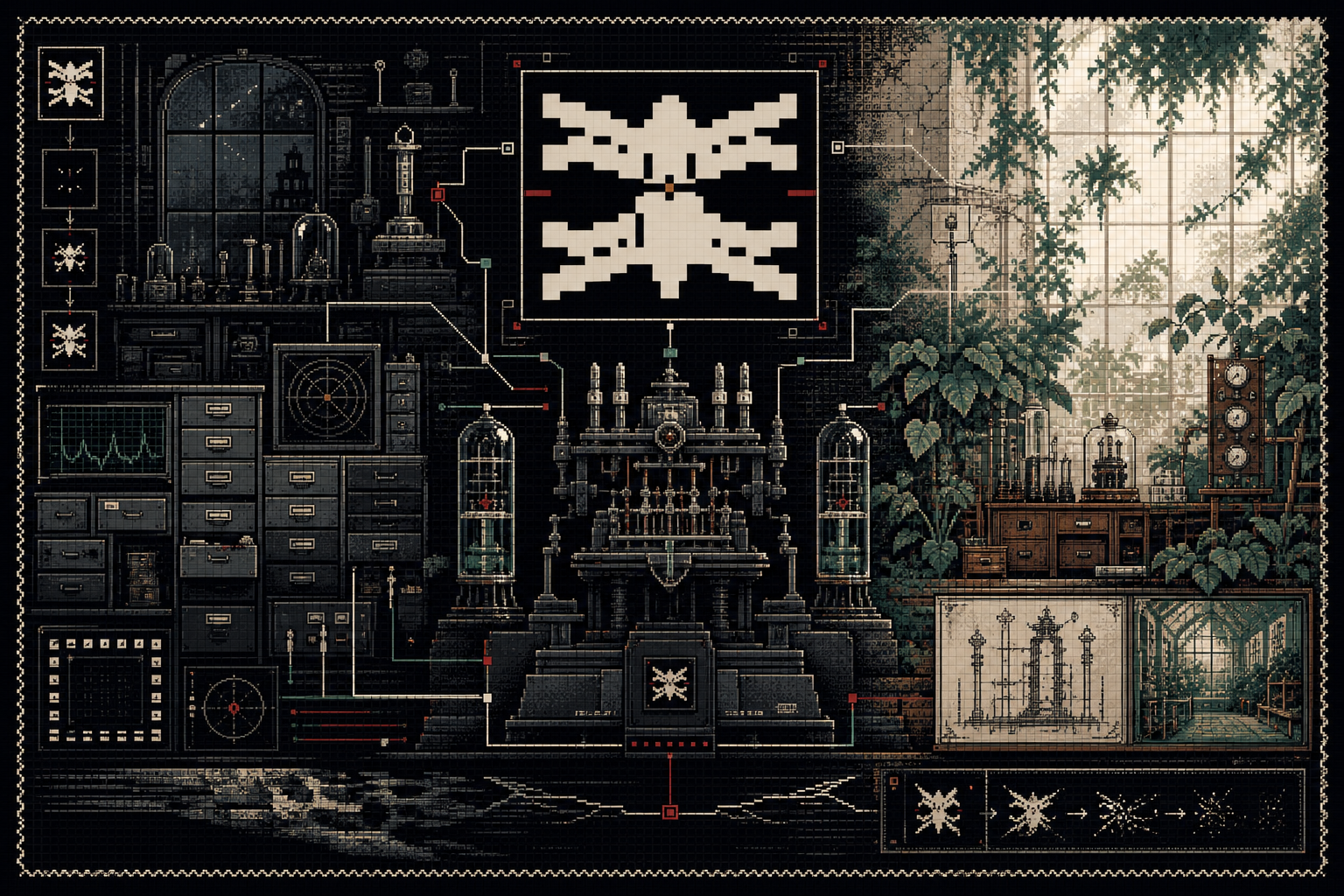 Pixel-art Recluse Studio atelier, with a nocturnal archive laboratory joined to an overgrown conservatory around a central speculative machine.
